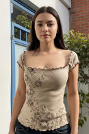 Women's Floral Trim Puff Sleeve T-Shirts Summer Square Neck Slimming Backless Top Tees