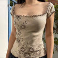 Women's Floral Trim Puff Sleeve T-Shirts Summer Square Neck Slimming Backless Top Tees