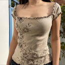 Women's Floral Trim Puff Sleeve T-Shirts Summer Square Neck Slimming Backless Top Tees