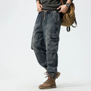 Men Drawstring Casual Washed Denim Cargo Jeans Pants Harem Trousers