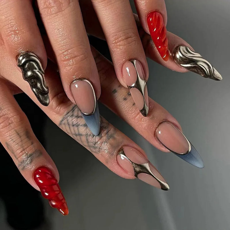 Bead Beige Red Black Stars Halo Dyeing Press on Nails