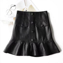 Women Leather Mini Skirt Female Lotus Leaf Swing Burgundy Short Wrap