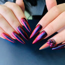 Obroi Close-up of hands with multicolored, gradient nail designs on a dark background