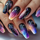 Nails with a gradient design transitioning from black to purple, featuring star and moon patterns, Obroi