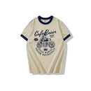 Summer Men Short Sleeved Casual Motorcycle Printed Cotton Round Neck Matching Collar T-Shirt