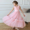 Elegant Girls Big Bow Dresses Fluffy Pink Tulle Birthday Ceremony Prom Girl Clothing Kids Bridemaid Wedding V-Neck Dress