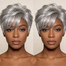 Two views of a woman with silver hair against a beige background, featuring the brand 'Obroi'.
