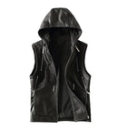Spring Autumn Luxury Elegant Cool Leather Vest for Men with Hood Zipper Jacket