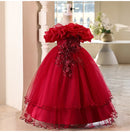 Elegant Girl Party Dress Flower Appliques Wedding Bridesmaid Mesh Evening Ball Gown for Kids Children