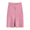 Women's Pink Faux Suede Midi Skirt Front Split Zipper Detail Elegant Office Skirts