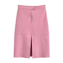 Women's Pink Faux Suede Midi Skirt Front Split Zipper Detail Elegant Office Skirts