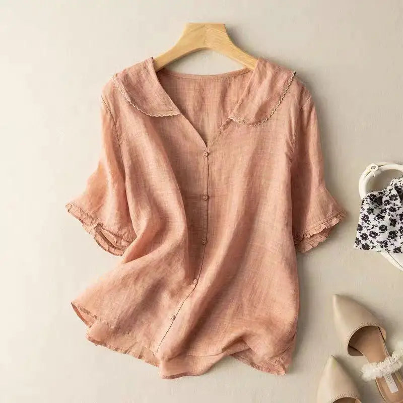 Lapel Short-sleeved Shirt for Women in Summer Loose Slim Linen Top