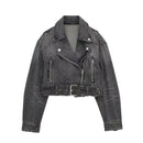 Cropped Locomotive style denim Jacket Coat Vintage Long Sleeve Female Outerwear Chic Overshirt
