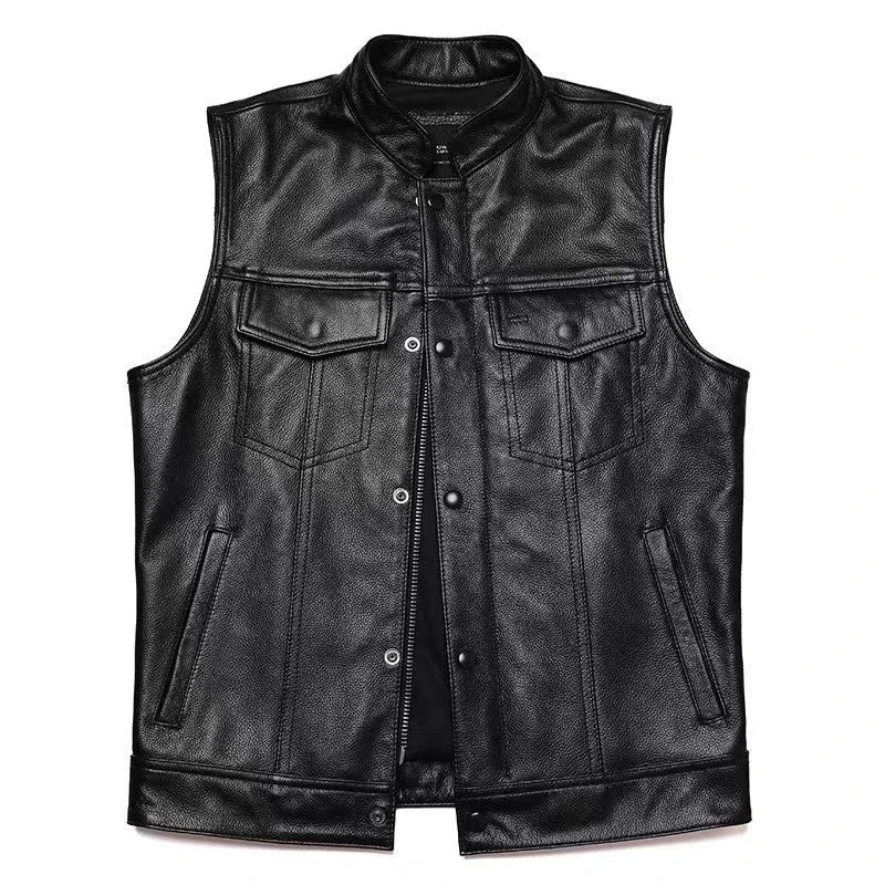 Obroi Black leather vest on a white background
