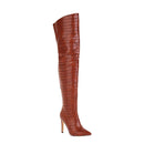 Brown knee-high boot with a crocodile pattern on a white background, Obroi