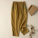 Beige Embroidery Linen Casual Elastic Loose Wide Leg Women's Pants