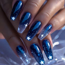 Medium nails for women girls gradient blue starry star design Square tips press on nail art set