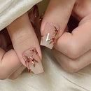 Close-up of hands with decorative nail art featuring red berries and gold leaves on a neutral background, Obroi
