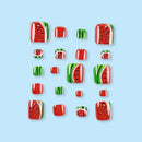 Watermelon-themed nail art designs on a light blue background, Obroi