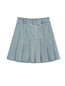 Women Denim Pleated Skirt Vintage Mini Jean Skirt Streetwear Skirt Summer