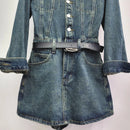 Women Solid Color Rompers Belt Waisted Lapel Single-breasted Playsuits Female