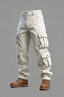 Beige cargo pants with brown boots on a gray background, Obroi