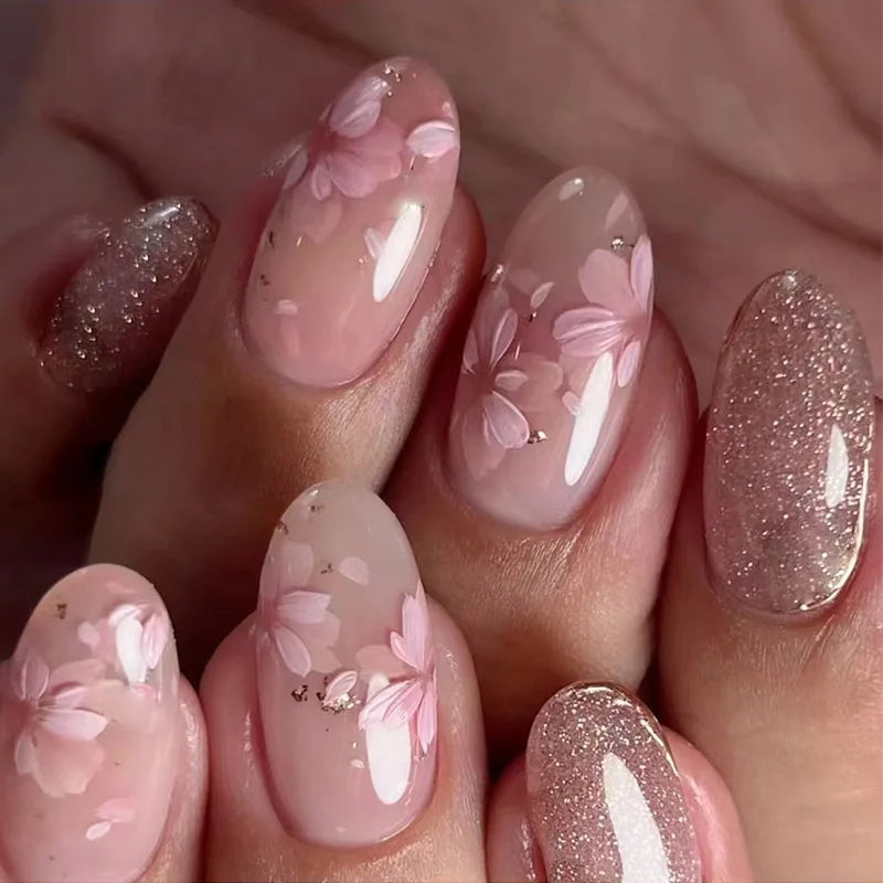 Autumn Winter Matte Almond Nails with Glue Rose Leaf Nail Art Simple Full Cover Press on Acrylic Nails Tips