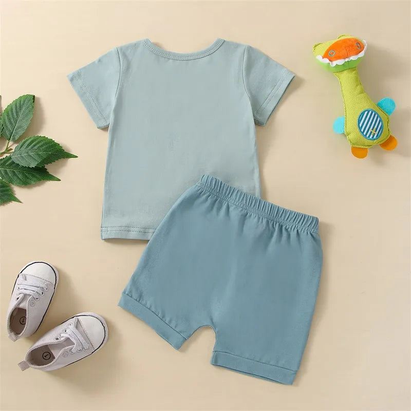 Toddler Baby Boy Summer Clothes Set Short Sleeve Round Neck Stripe Print T-Shirt + Elastic Waist Solid Shorts