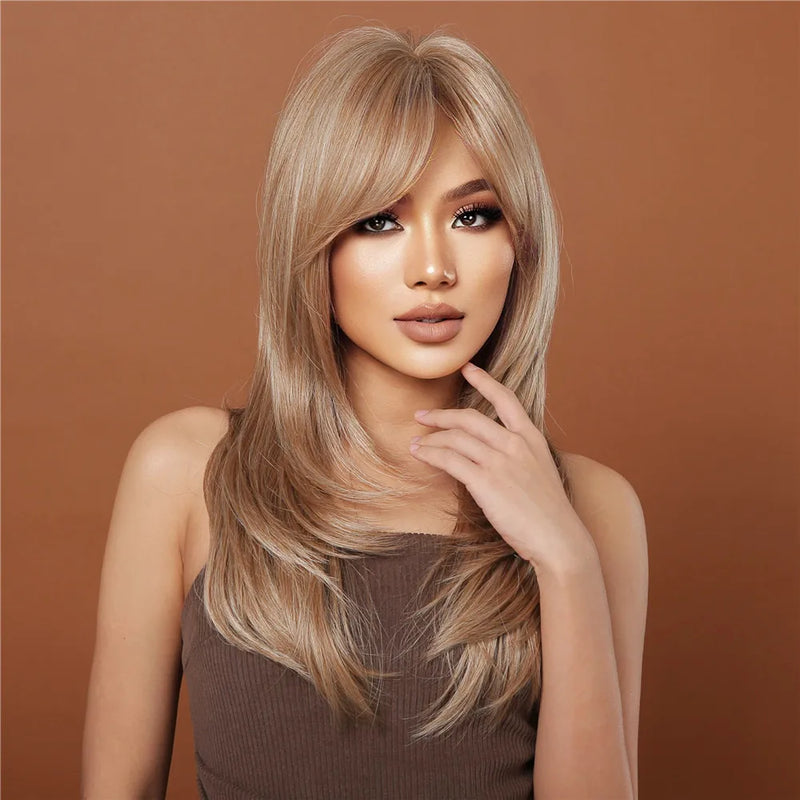 Long Blonde Layered Wigs With Curtain Bangs Light Blonde Straight Wig Natural Women Wavy Hair Daily Party
