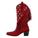 Women Pointed Toe Pull-on Knee High Fringe Cowgirl Boots Comfy Pull On Rhinestone Mid Calf Western Boots
