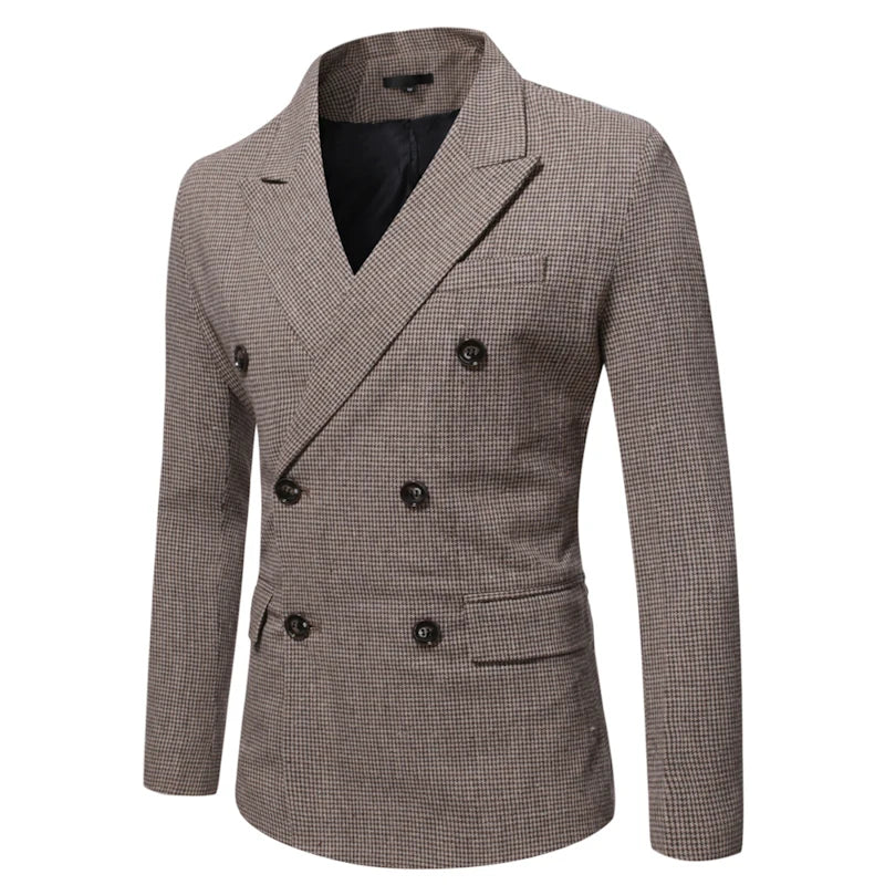 Elegant Men Suits Jackets Vintage Double Breasted Plaid Dress Coat for Men Formal Blazers