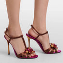 Women Rhinestone Flower Heel Sandals Floral Satin Ankle Strap Stiletto Elegant Sandals