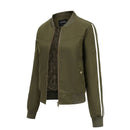 Green bomber jacket with white stripe on sleeve against a white background, Obroi