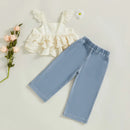 Baby Little Girl Pants Set Floral Ruffled Lace Tops Elastic Waist Denim Pants Summer Outfit 1-6T
