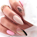 Close-up of a hand with stylish nail art on a white background, Obroi