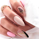 Close-up of a hand with stylish nail art on a white background, Obroi