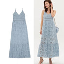 Women Embroidery Hollow Out Summer Strap Cami Maxi Long Dresses Casual Split Streetwear