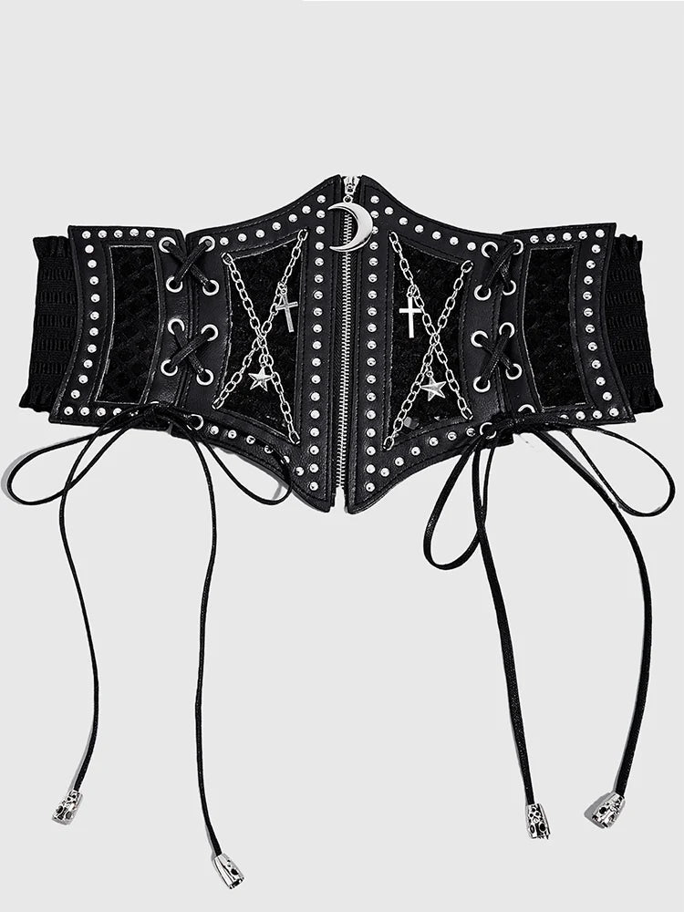 women's black hollow mesh cross chain cross metal accessories decorated with dark punk style waist waistband