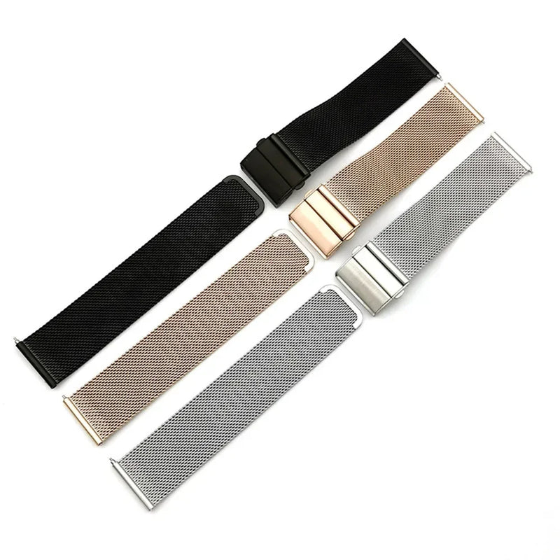 Mesh Loop Strap Stainless Steel Metal Quick Release Bracelet Double Press Butterfly Buckle Watch Band