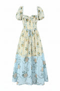Women Sweet Floral Chic Puff Sleeve Midi Dress French Square Collar Slim Dresses