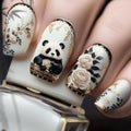 Cute Panda Nails with Glue Spring Flower Design Acrylic Nail Set Fake Nails Artificial Nails Set Press On