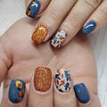 Maple Leaf Press on Nails Short Square Fake Nails with Gold Glitter Design Thanksgiving False Nails Autumn Holiday Acrylic Nails