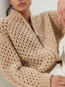 Women Argyle Holllow Out Crochet Knit Sweater Zipper Stand Collar Wool Blend Cardigan Fall Female Long Sleeve Sweater Coat