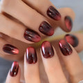 Retro Dark Red False Nails Medium Length Oval Press On Nail Tips Glitter Galaxy Nail Art