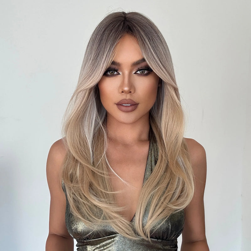 Long Straight Layered Wigs Blonde Platinum Highlight Wig with Bangs Cosplay Daily Use Natural Hair Wig for Women