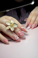 24PCS Pink Almond Press on Nails Flower Gold Line Pearl Decor French Sweet Elegant Reusable Acrylic Nails