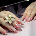 24PCS Pink Almond Press on Nails Flower Gold Line Pearl Decor French Sweet Elegant Reusable Acrylic Nails