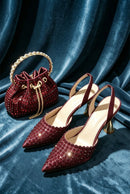 Elegant Women's Pointed Toe Heels - Full Diamond Pumps with Matching Italian Shoes & Bags Set