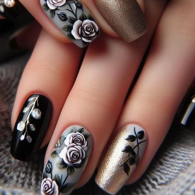 Sweet Nails Butterfly Flower Acrylic Nail Glitter Glossy False Nail Full Cover Autumn Press on Nails Tips