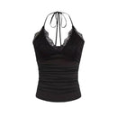 Women's Tank Top With Ruffled Halter Neckline Dull Black Knitted Fabric From For Spring